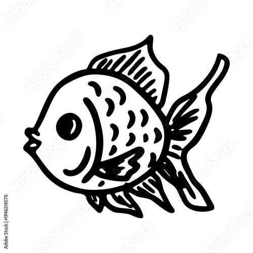 Hand drawn happy funny cute goldfish Adorable friendly kawaii tropical fish Underwater world sea life ocean Fishing seafood For design, kids print, kids books, nursery decor, coloring pages, logo