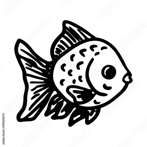 Hand drawn happy funny cute goldfish Adorable friendly kawaii tropical fish Underwater world sea life ocean Fishing seafood For design, kids print, kids books, nursery decor, coloring pages, logo