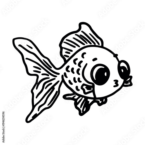 Hand drawn happy funny cute goldfish Adorable friendly kawaii tropical fish Underwater world sea life ocean Fishing seafood For design, kids print, kids books, nursery decor, coloring pages, logo