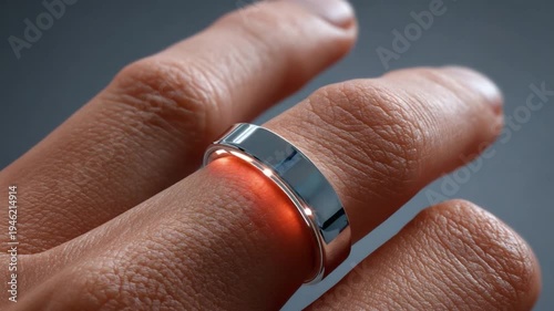 Modern Ring on Finger: A sleek, modern ring adorned on a finger, its innovative design and a gentle, inviting glow.