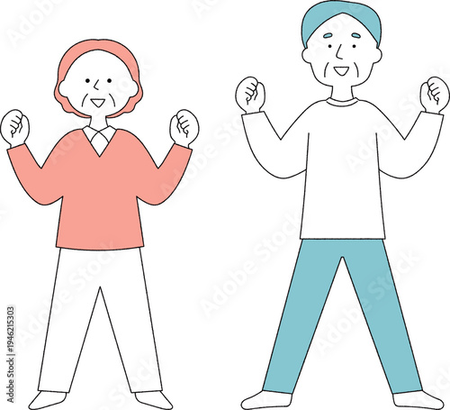 明るく元気なポーズの高齢男女単色