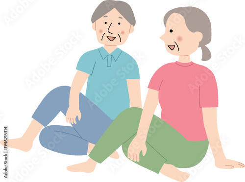 一緒に運動するシニア夫婦のストレッチイラスト
