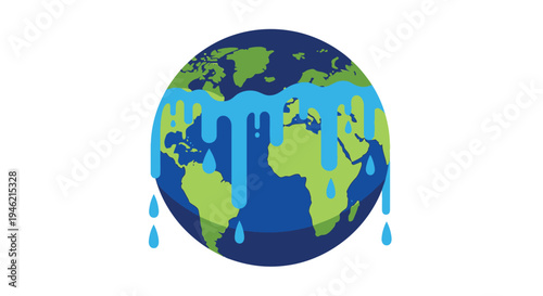 Vector illustration of planet earth melting and dripping blue water symbolizing global warming crisis