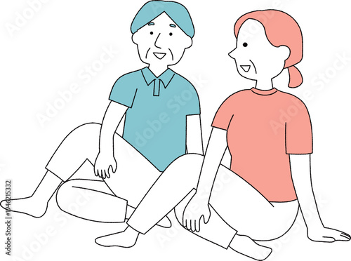 一緒に運動するシニア夫婦のストレッチイラスト単色