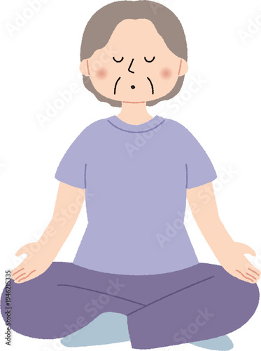 ヨガのポーズで瞑想するシニア女性