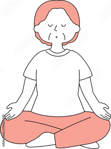 ヨガのポーズで瞑想するシニア女性単色