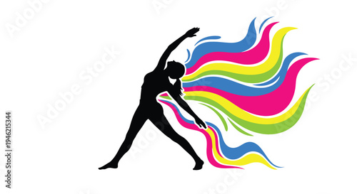 Vector graphic illustration of a woman silhouette performing a vibrant yoga pose with flowing colorful energy