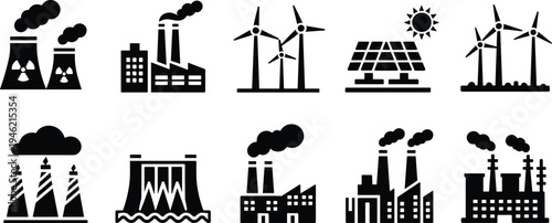 Energy production and power generation icons set, factory, nuclear plant, wind turbines, solar panels, dam, electricity industry silhouette collection