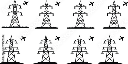 Electric power transmission tower icons set, high voltage pylons, electricity grid infrastructure, aviation safety near aircraft, silhouette illustration