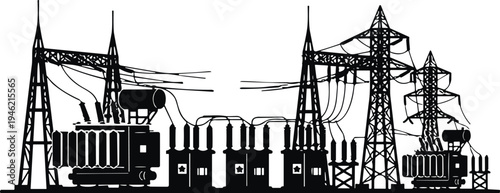 Electric power substation with transmission towers, transformers, high voltage grid infrastructure, electricity distribution network, energy industry silhouette illustration