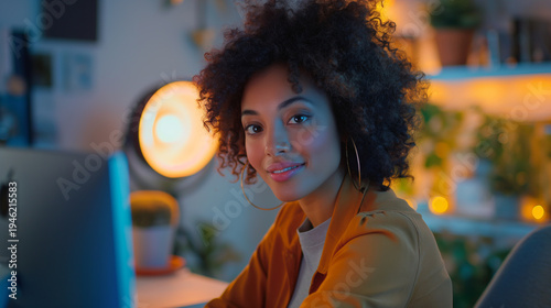 Young woman portrait at computer in neon lit home office