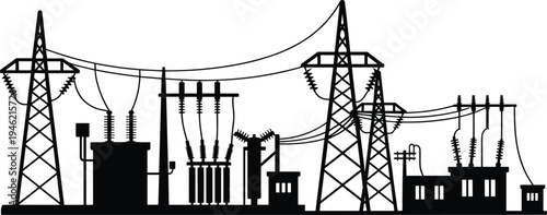 Electric power substation with transmission towers, transformers, high voltage grid infrastructure, electricity distribution network, energy engineering silhouette illustration