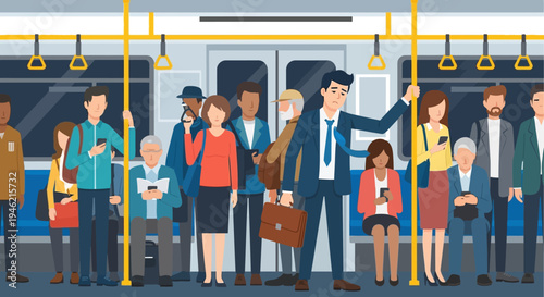 Diverse Group of Commuters Standing and Sitting in a Modern Subway Train Car