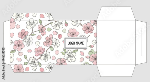 Floral Packaging Box Die Cut Template with Cherry Blossom Pattern