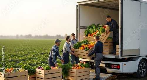 Agricultural workers loading crates of fresh, organic vegetables onto a delivery truck, ensuring efficient farm-to-market distribution and food supply chain logistics