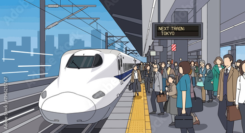 High Speed Bullet Train Arriving at Busy Tokyo Station Platform