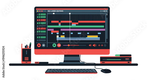 Vector illustration of a desktop computer displaying nonlinear video editing software timeline interface for production