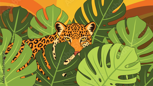 Jaguar in Lush Jungle Foliage - Exotic Wildlife Illustration for Commercial Use