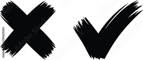 Brush check mark and cross symbol, hand drawn grunge tick and wrong sign, black paint vector illustration