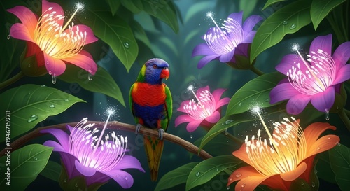 A vibrant parrot perched on a branch surrounded by colorful flowers in a lush jungle environment.