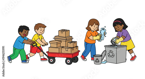 Four children demonstrate teamwork by moving boxes in a wagon and diligently washing items for recycling, promoting responsibility and environmental care.