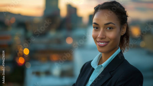 Confident businesswoman portrait with city skyline at sunset