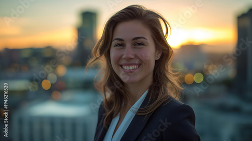 Confident young businesswoman portrait with city sunset