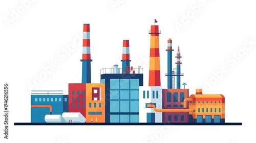 Industrial factory building in a city with urban skyline design