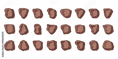 Hand drawn rocks and stones Rock fragments, boulders, building material Coastal pebbles, gravel, minerals, cobblestones, geological formations For game environment, landscape illustration, design