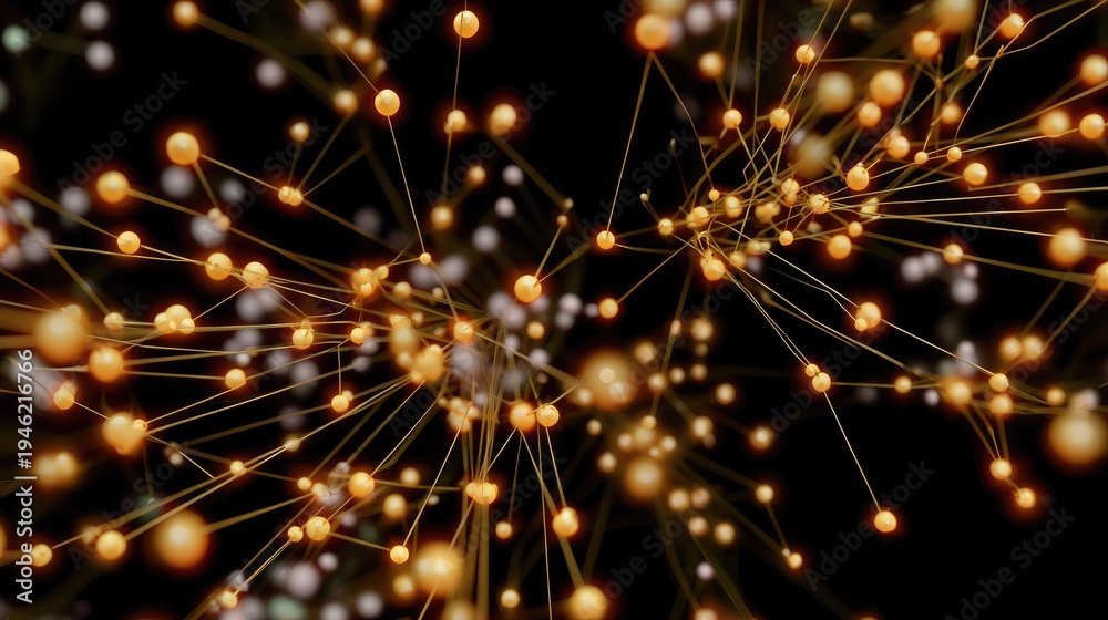 Obraz premium Network of Connections: An abstract network of glowing orbs connected by lines, representing interconnectedness, data flow, and complex systems.