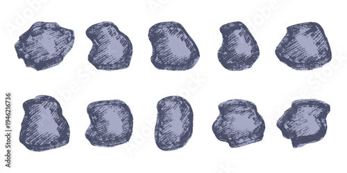 Hand drawn rocks and stones Rock fragments, boulders, building material Coastal pebbles, gravel, minerals, cobblestones, geological formations For game environment, landscape illustration, design