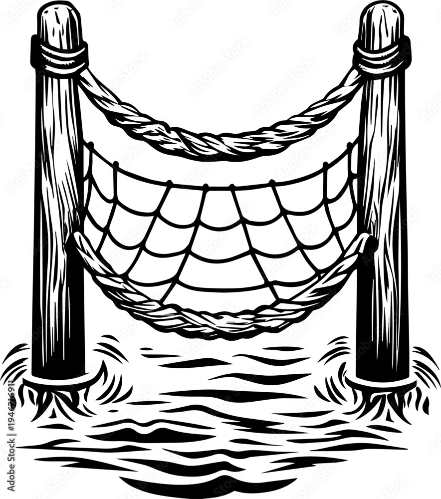 Fototapeta premium SVG skeleton workers building docks tattoo design vector. Wooden Net with Ropes and Water Background in Black and White Style
