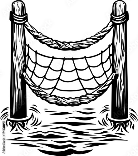 SVG skeleton workers building docks tattoo design vector. Wooden Net with Ropes and Water Background in Black and White Style