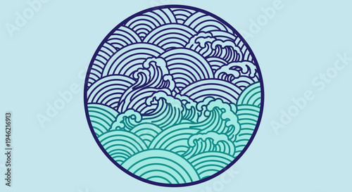 Japanese Style Circular Ocean Wave Pattern Illustration