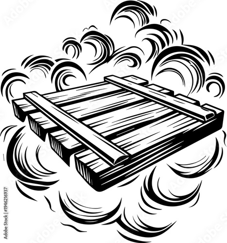 SVG skeleton workers building docks tattoo design vector. Wooden raft floating on turbulent water waves in black and white