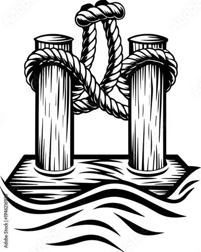 SVG skeleton workers building docks tattoo design vector. Rope Tied Around Wooden Poles on Water with Detailed Illustrations