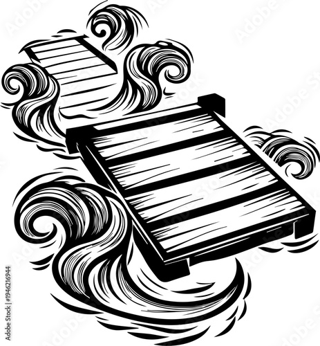 SVG skeleton workers building docks tattoo design vector. Wooden Dock Surrounded by Turbulent Waves in Black and White Style