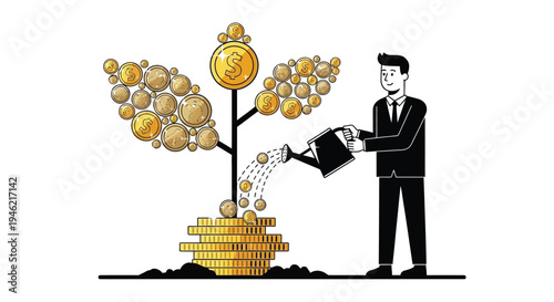 Business concept vector illustration showing businessman watering a money tree growing from stacked gold coins