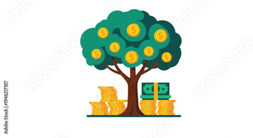 Investment growth graphic illustration showing a tree bearing golden dollar coins with stacks of cash below