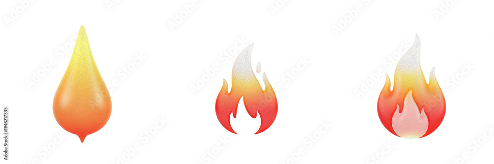 Obraz premium 3D Glossy Fire Icons Set, Realistic Plastic Red and Yellow Flame Symbols Isolated on White Background, Soft Shaded Burning Heat Elements, Minimalist Hot Blaze Shapes, PNG Asset