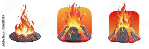 3D Volcano and Fire Icons Set, Erupting Lava Mountain with Flaming Heat Symbols Isolated on White Background, Realistic Magma and Burning Crater Elements, Hot Blaze Shapes, PNG Asset