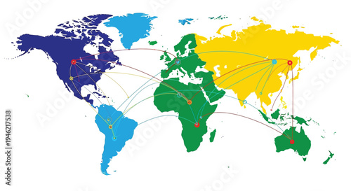 Colorful global business connection vector illustration showing worldwide logistics and transportation routes connecting major continents