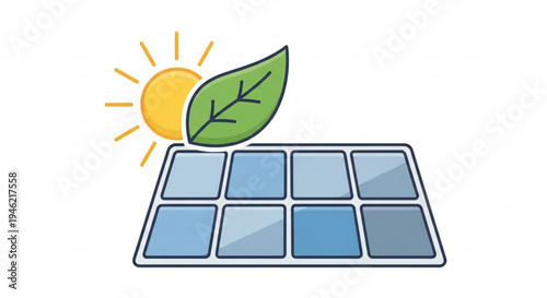 Solar panel with green leaf and sun symbolizing renewable energy and sustainability