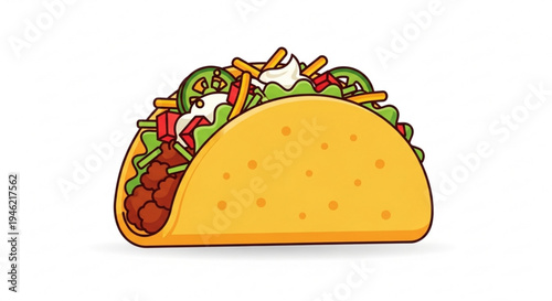 Delicious taco with seasoned beef lettuce tomatoes and cheese on a white background
