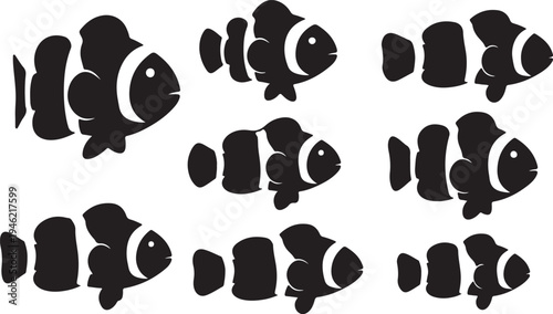 Clownfish Silhouette Set Tropical Reef Fish Vector Illustration