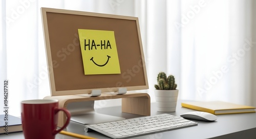 A humorous workspace with a computer and a corkboard displaying a smiley note