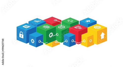 Isometric vector graphic illustration showing interconnected colored blocks representing technology data workflow steps