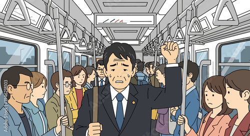 Stressed Japanese Businessman Commuting on Crowded Train
