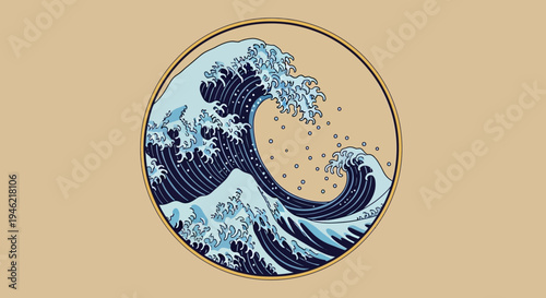Stylized Ocean Wave Illustration in Circular Frame