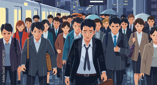 Tired Japanese Office Workers Commuting in Rainy Evening